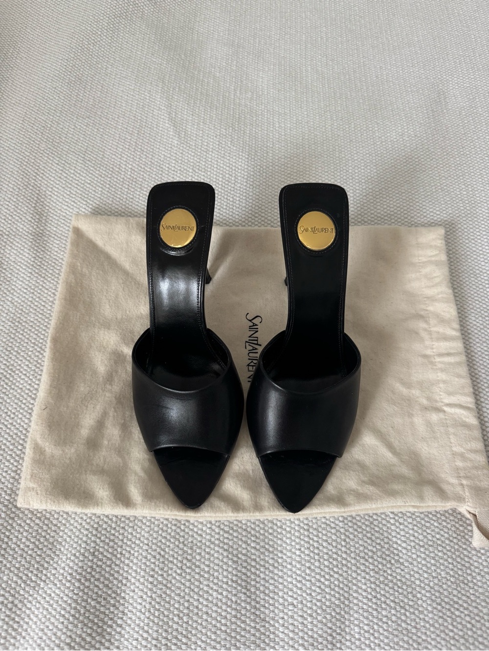 Saint Laurent Black Leather Pointed Romy Open-Toe Mule Heels